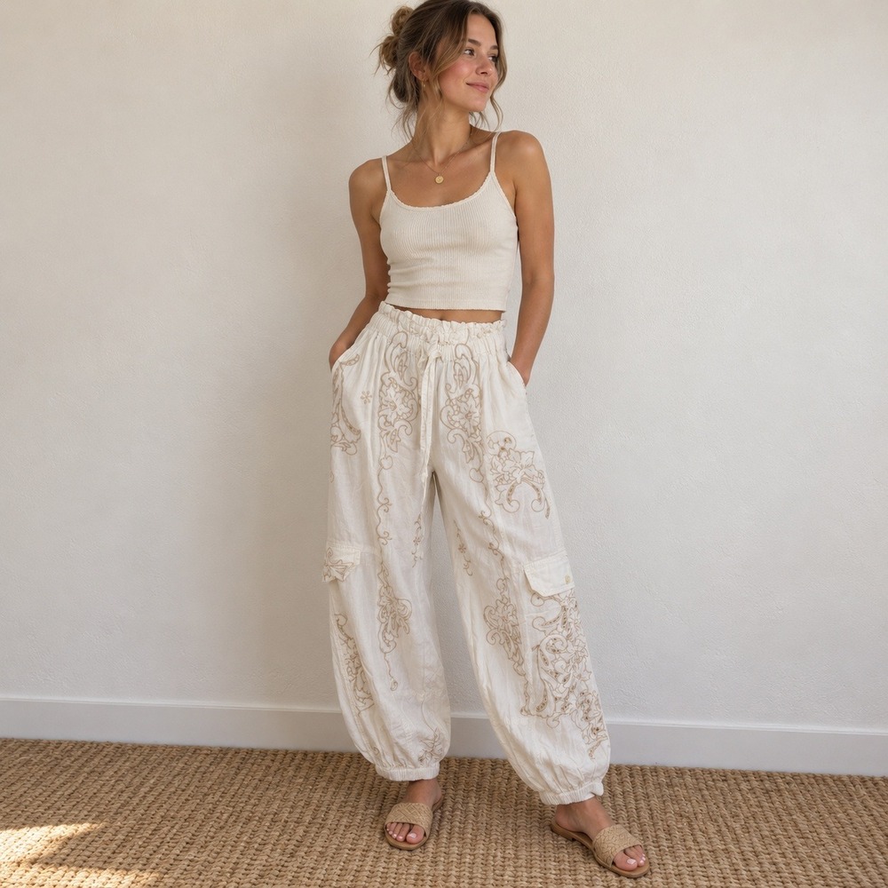 Anthropologie Women Pants XS White Embroidered Linen Blend Cargo Jogger Boho